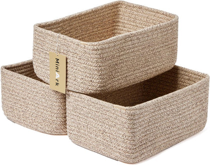 Small Storage Baskets for Organizing | Closet Organizer Bins | Shelf Toy Basket | Woven Rope Baskets | Cube Decorative Box | Shallow Basket | 11.5x7.5x4.7” | 3 Packs Mixed Brown