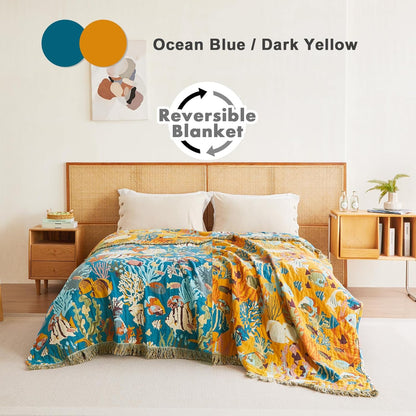 MSGKV Throw Blanket for Couch Bed Cotton Muslin Breathable Cute Ocean Animals Twin Size Blanket 60"x80" for All Seasons Lightweight Farmhouse Blankets