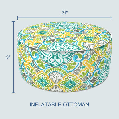 LVTXIII Inflatable Stool Ottoman Footrest with Handle, All Weather Foot Rest, Indoor or Outdoor Use for Home Patio Garden and Camping, D21 x H9, Damask Green