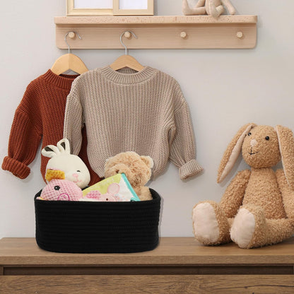 Small Woven Storage Baskets 12“X8”X5“ Decorative Rope Bins for Organizing Shelves, Closets, and Toys, Empty Gift Baskets, Cute Organizer Basket for Home and Office (black, regular)