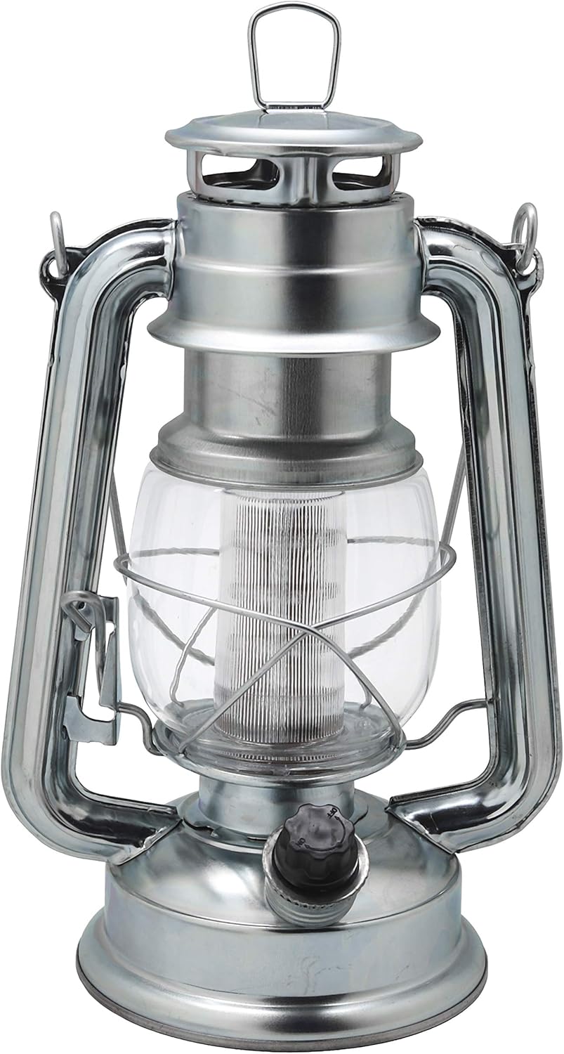 YAKii LED Vintage Lantern Metal Hanging Hurricane 12 LED Dimmer Switch Cold White Battery Operated Power Outage Indoor Camping Lighting Outdoor Brooklyn Decoration(Silver)
