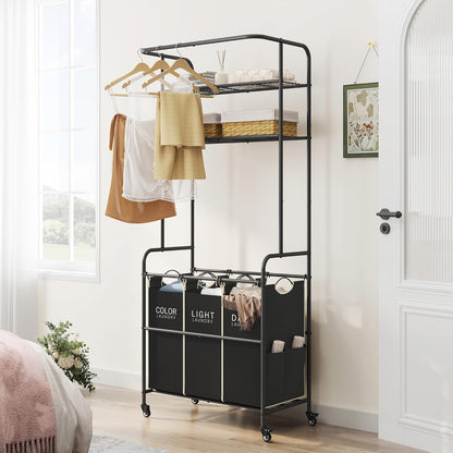 Laundry Sorter 3 Section,Laundry Hamper Cart with Hanging Rack & Removable Bags,Heavy Duty Laundry Basket with Wheels & 2 Tier Shelf,Space-Saving Laundry Basket Organizer for Laundry Room