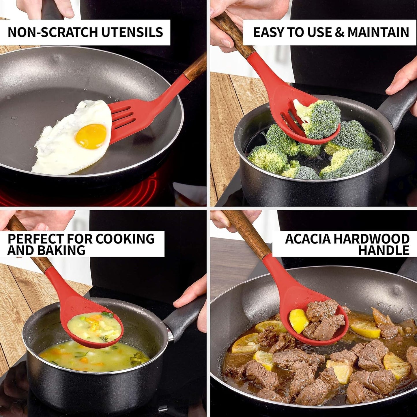 Zulay Kitchen Utensils Set Non-Stick Silicone Cooking Utensils Set with Authentic Acacia Wood Handles - 5 Piece Silicone Utensil Set - Silicone Kitchen Utensils Set with 464°F Heat Resistance - Red