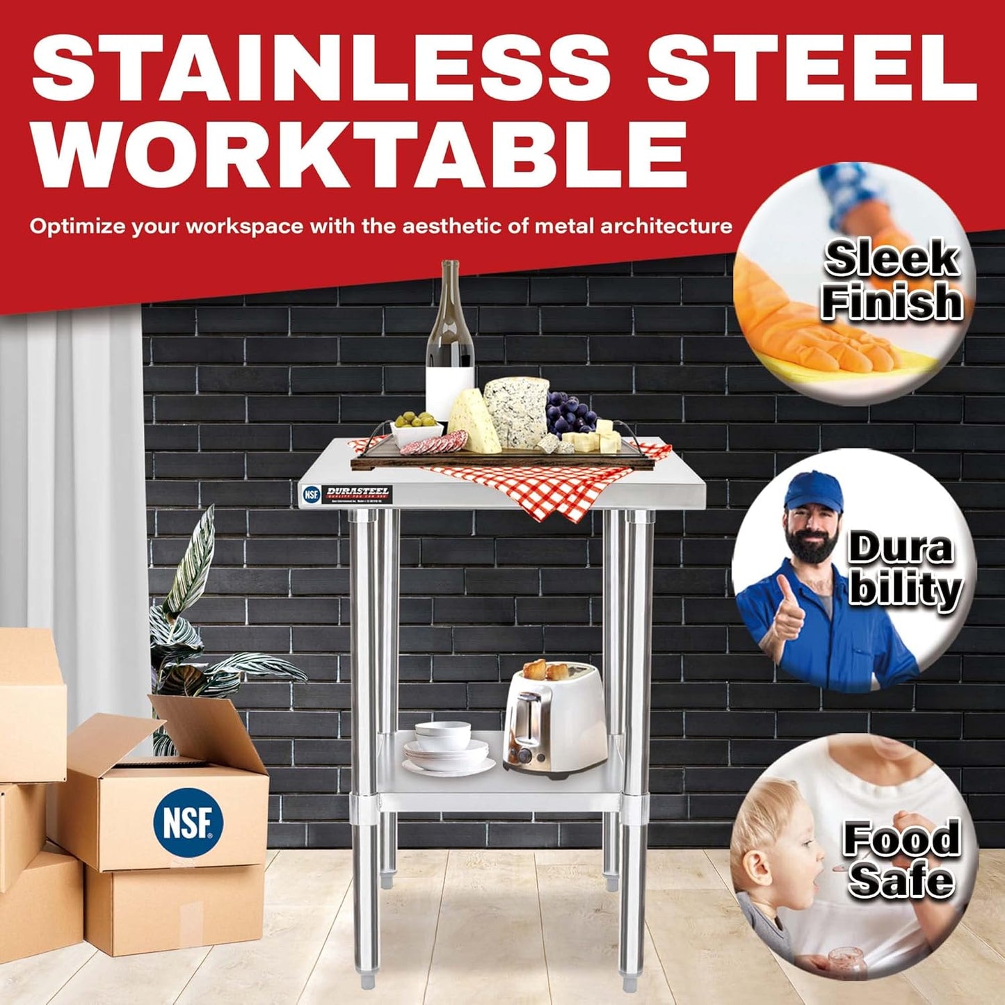 DuraSteel 24x18 Small Stainless Steel Table - NSF Metal Food Prep Commercial Kitchen Workt able - Side Mixer Stand with Under Shelf - For Laundry Room, Kitchen, Outdoor Grill, Small Spaces