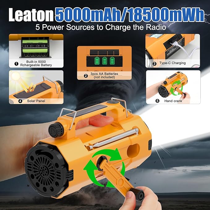 Hand Crank Emergency Radio with NOAA Weather Alert, Replaceable Battery, Rechargeable Portable Solar SW/AM/FM Radio, Clock SOS Alarm & Flashlight Headphone Jack Emergencies