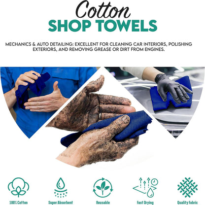 ZUPERIA Cotton Shop Towel – Multipurpose Cleaning Cloths (14" x 12" - Pack of 100 - Blue) Reusable Shop Rags for Automobiles, Industrial, Restaurants, Garage, and Homes
