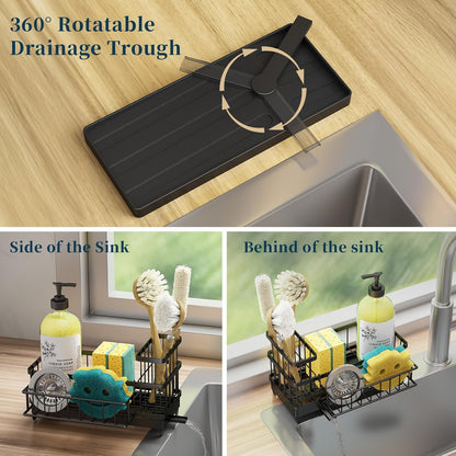 Consuemst Sponge Holder for Kitchen Sink - Auto Draining Sink Caddy Organizer with Detachable Rack, High Brush Holder, Kitchen Countertop Storage Accessories, Black