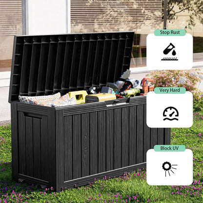Vixzen 75 Gallon Resin Deck Box, Lockable Outdoor Storage Box for Patio Cushions Storage Furniture,Garden Tools, Pool Supplies, Weatherproof and UV Resistant- Black