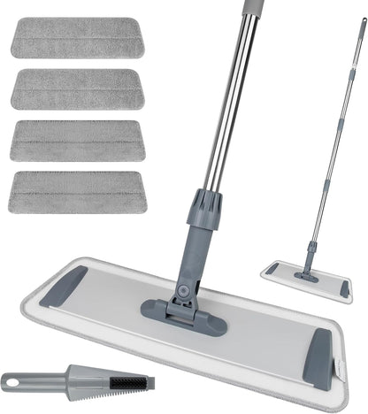 Microfiber Flat Mop for Floor Cleaning - Wet & Dry Mop for Hardwood, Vinyl, Tile Floors with 4 Reusable Washable Pads, Stainless Steel Adjustable Handle, 360° Rotatable Head