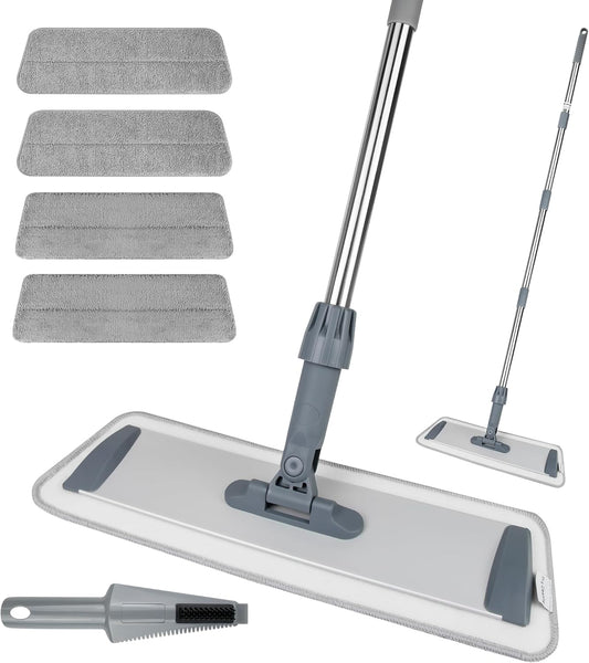 Microfiber Flat Mop for Floor Cleaning - Wet & Dry Mop for Hardwood, Vinyl, Tile Floors with 4 Reusable Washable Pads, Stainless Steel Adjustable Handle, 360° Rotatable Head