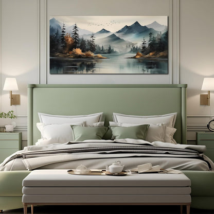 Rustic Wall Art for Living Room Large Size Teal Mountain Tree Landscape Canvas Wall Art for Bedroom Office Decor 29 x 59 Inch