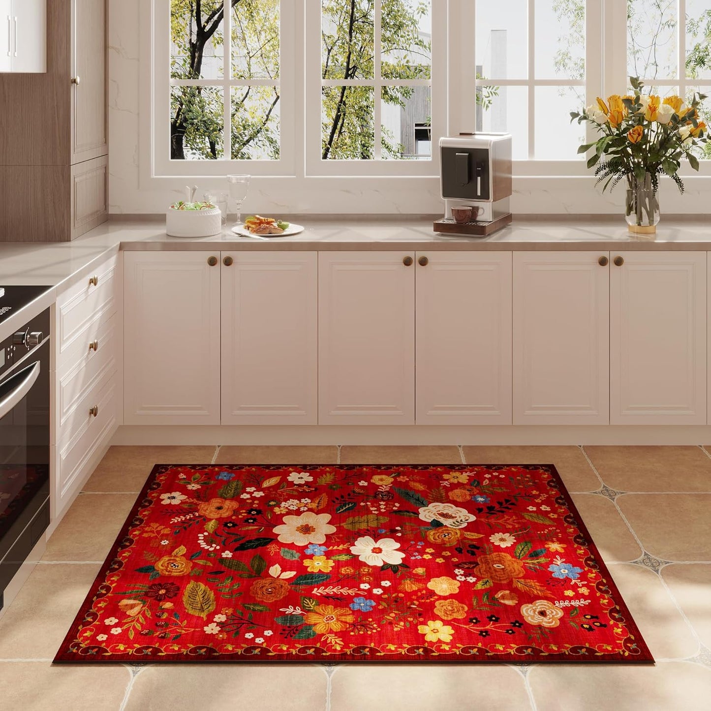 Door Mat Indoor Entrance 2x3 Rug Machine Washable Boho Floral Small Area Rug Non-Slip Low Pile Throw Rugs for Entryway, Kitchen, Front Door Indoor Entrance, Entry, Kids Room (Red)