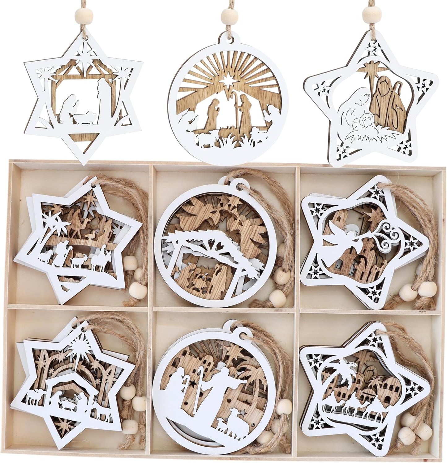 18Pcs Nativity Christmas Tree Ornaments Set, Wooden Nativity Scene Ornament, Religious Gift for Christian Family Christmas Decoration