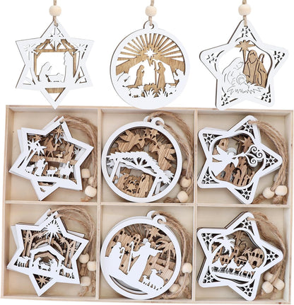 18Pcs Nativity Christmas Tree Ornaments Set, Wooden Nativity Scene Ornament, Religious Gift for Christian Family Christmas Decoration