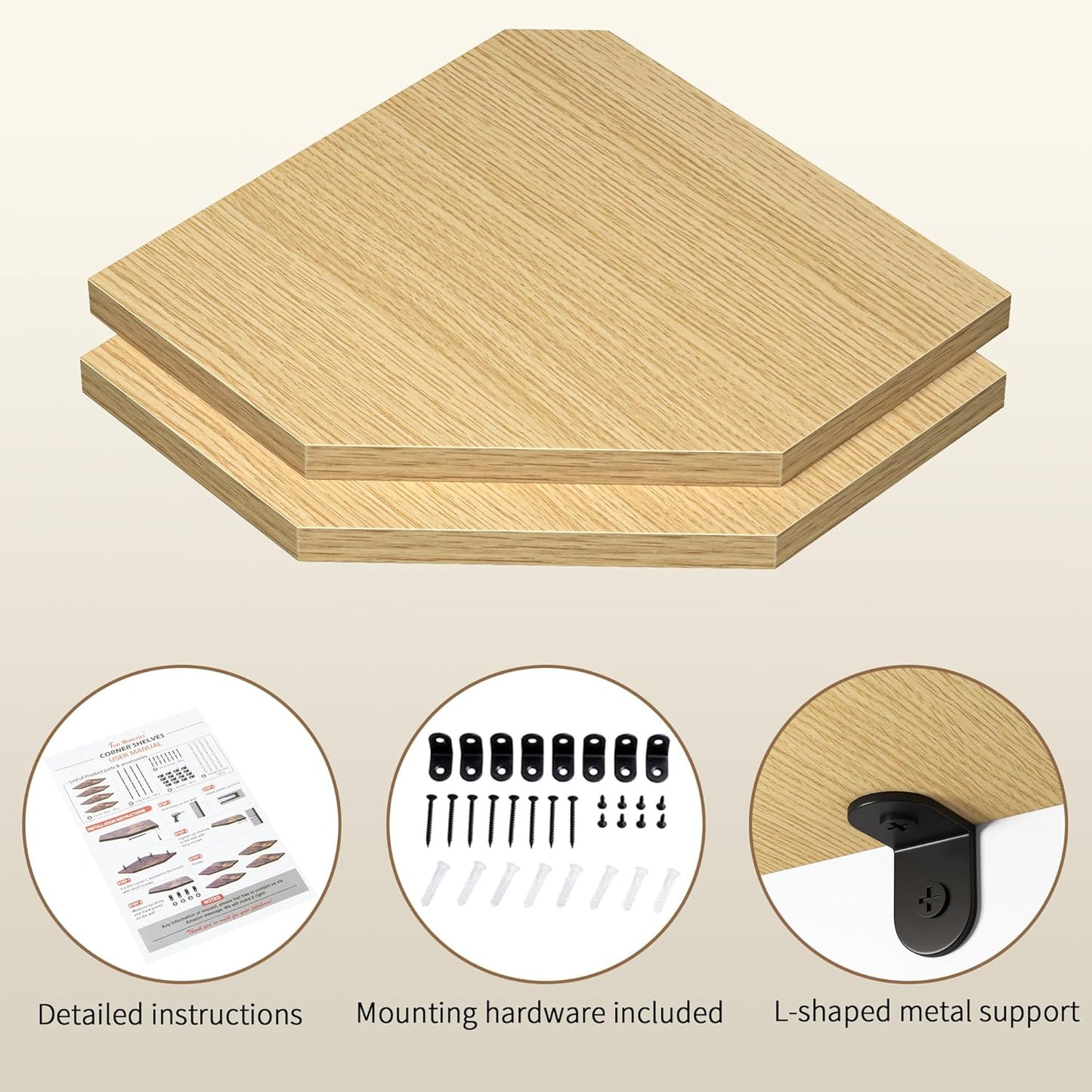 Corner Shelf Wall Mount, Floating Corner Shelves, Set of 2 Corner Wall Shelf Organizer, Rustic Wood Wall Storage Display Shelves for Living Room Bedroom Bathroom Kitchen, Rustic Brown, Oak