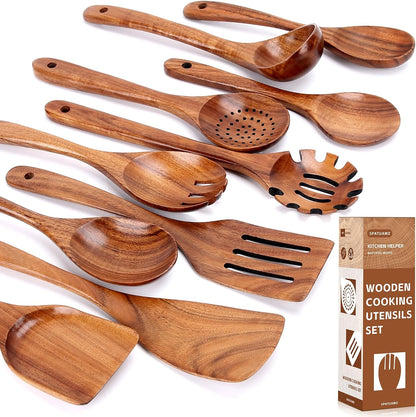 SPATUAMZ Teak Wood Spoons for Cooking, Elegant Wooden Cooking Set of 10, Excellent Kitchen Cooking Utensils Set for Home