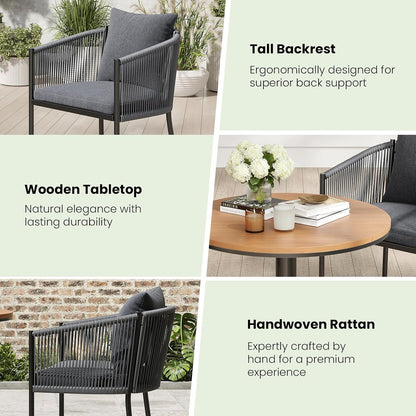 Soohow 5 Pieces Outdoor Dining Set for 4, Patio Table and Chairs Set 4 X Rattan Wicker Patio Chair with Cushions and 1 X Outdoor Table Plastic Wooden Top for Lawn, Deck Backyard, Poolside