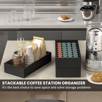 Kitchen Drawer Organizer Bins, Stackable Bamboo Drawer Organizer for Silverware, Coffee Pod Organizer K Cup Holder for Countertop, 2 Pcs Coffee Station Organizer Black 12" x 6" x 2.5"