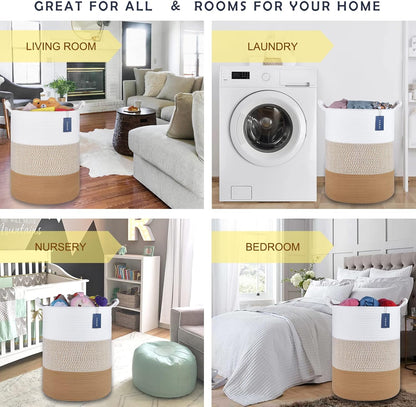 COMSE Extra Large Blanket Basket, Tall Woven Storage Basket, Nursery Hamper, 15.7”x 21.7”, Cotton Rope Laundry Hamper for Toys Clothes Towels, White/Camel