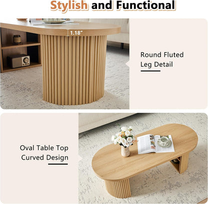Oval Fluted Coffee Table, 47" Farmhouse Wood Coffee Table Mid Century Modern Center Table Boho Living Room Tables for Living Room Office,Natural