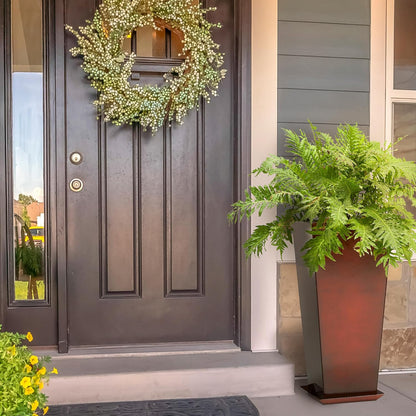 WORTH Garden 25" Large Metal Glazed Planter Set of 2, Luxurious Glossy Finish Red Tall Square Tapered Steel Plant Pots, Decor Flower Pot Indoor & Outdoor, Drainage Hole & Dual-Purpose Plant Saucer