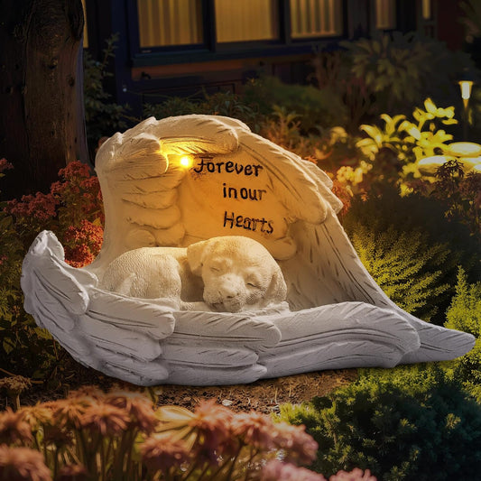 Pet Dog Solar Garden Memorial Statue – Outdoor Resin Angel Puppy with Solar Light, Guardian Angel Dog Memorial Gift for Patio, Lawn, Yard, or Garden Decor