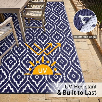 OLANLY Outdoor Rug 6x9 ft Waterproof, Outdoor Plastic Straw Rug with Geometric Pattern Clearance, Reversible RV Mat for Patio, Camping, Balcony, Deck, Backyard, Navy & White