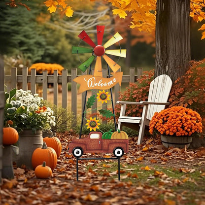 TERESA'S COLLECTIONS Fall Decor for Outdoor Home, Metal Pumpkin Fall Decorations Wind Spinner Yard Stakes Welcome Sign for Thanksgiving Decorations, Rustic Autumn Sunflower Decor for Lawn Patio, 26"
