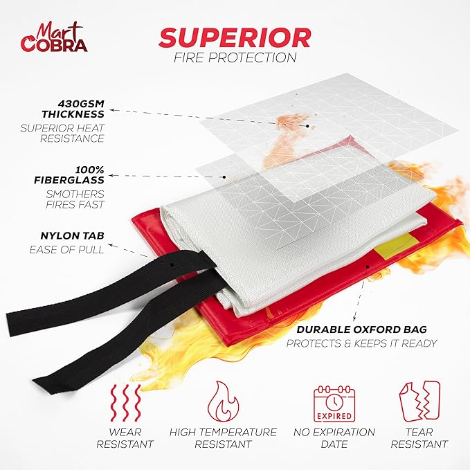 Mart Cobra Fire Blanket 2-Pack – Emergency Fire Suppression for Home & Kitchen – 40"x40" Fireproof Fiberglass Safety Blankets – Heat Resistant & Easy to Use – Smothers Grease & Electrical Fires