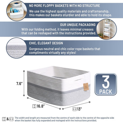 NaturalCozy Storage Baskets 16.8”x13”x7.6” Cotton Rope Woven Baskets for Organizing 3-Pack | Toy Storage Bins | Basket for Shelves, Laundry, Blanket, Clothes, Closet, Kitchen, Bathroom, Gifts