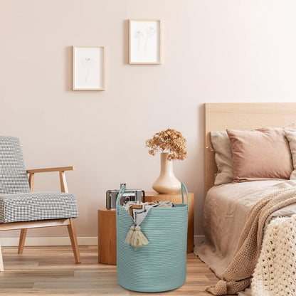 Cotton Rope Laundry Basket Hamper for Clothes Woven Storage Basket for Living Room Bedroom Boho Tall Rope Baskets for Blanket Toys Pillow Towels Baby Nursery Hamper Bin Large light green