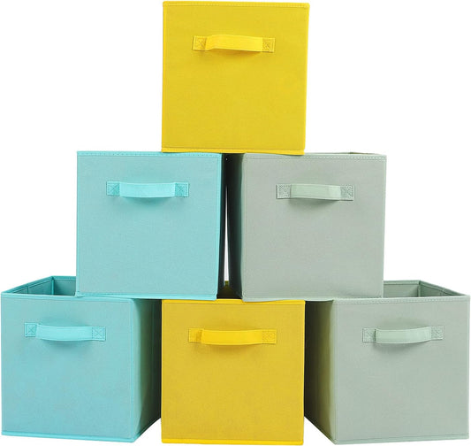 Stero 13x13x13 Inch Fabric Storage Bins 6 Pack Fun Colored Storage Cubes with Handles Foldable Cube Baskets for Home, Kids, Closet and Toys Organizer, Cyan, Green, Yellow