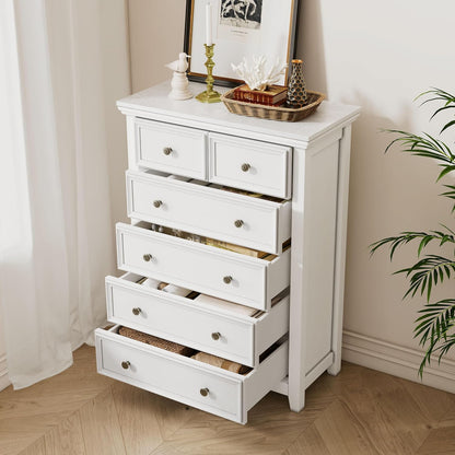 BLANKSPACE White Farmhouse Dresser, 6 Chest Drawer Dresser for Bedroom, Large Capacity Nightstand, Modern Tall Wood Cabinet for Bedroom, Living Room, Closets, Hallway