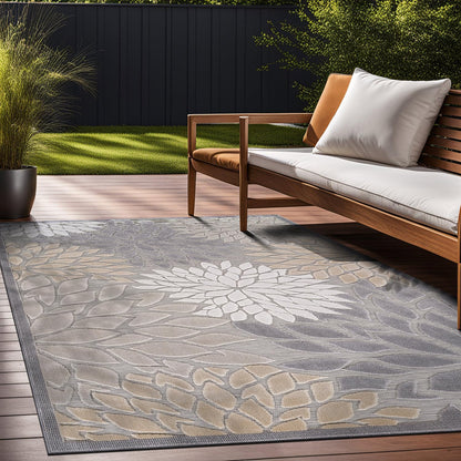 Beverly Rug Outdoor Rug 9x12 Large Modern Floral Tropical Area Rugs for Indoor and Outdoor Patio Easy to Clean Non Shedding Living Room Porch Garden Washable Outside Carpet (9 x 12 Gray)