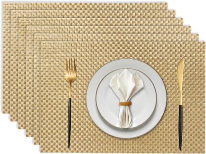 Vinyl Plastic Placemats Set of 6 Washable Heat Resistant Non-Slip Elegant Indoor Outdoor Kitchen Dining PVC Woven Table Place Mats (Gold Weaving)