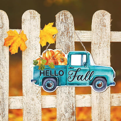 Fall Door Hanger - Pumpkin Welcome Sign, Hello Fall Wood Hanging Decors, Rustic Thanksgiving Decorative for Porch, Indoor Outdoor Autumn Door Decor(Truck), Housewarming Gift, Home Indoor Outdoor Deco