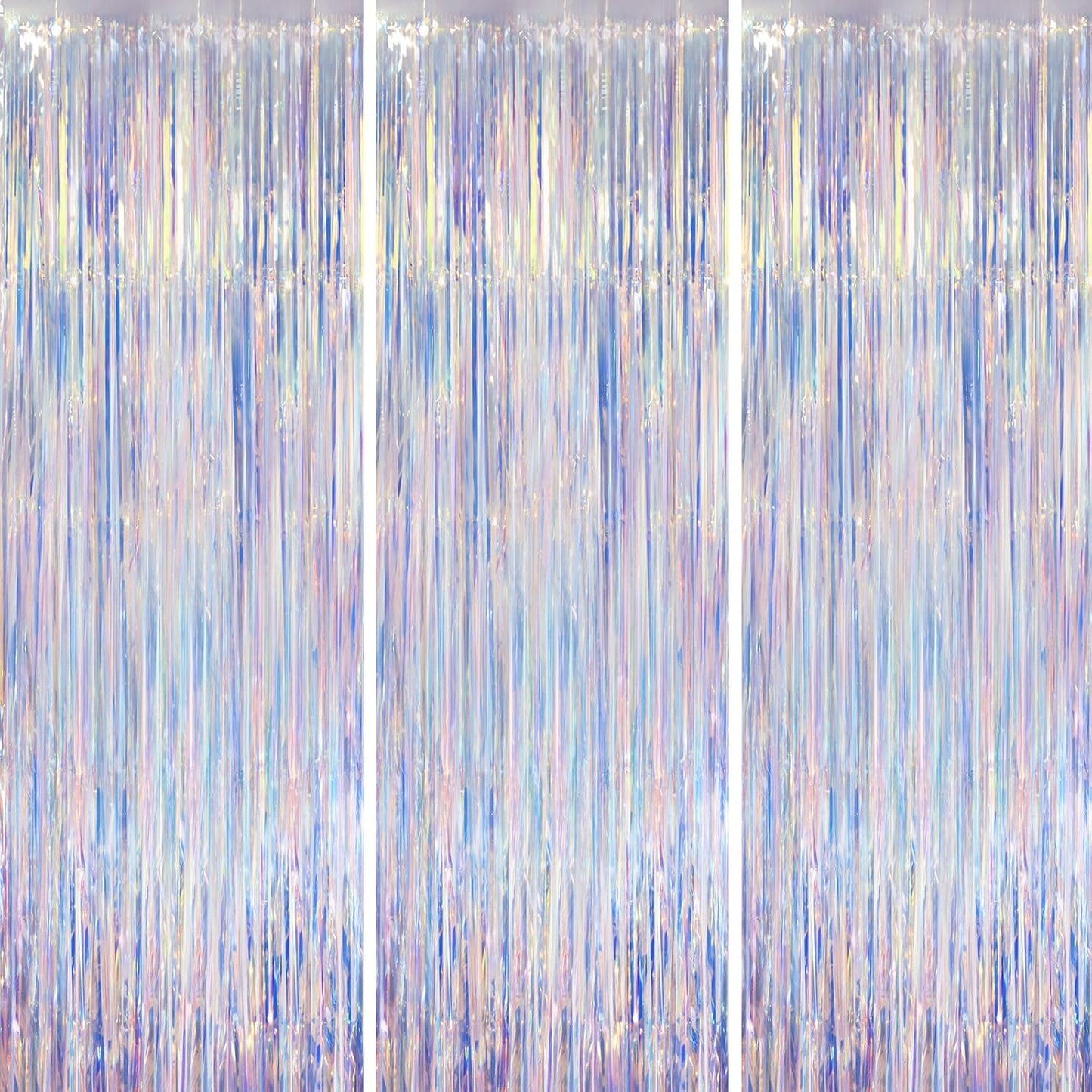 Iridescent Party Backdrop 3Packs Transparent Tinsel Foil Fringe Curtain for Frozen Mermaid Sea Birthday Party Decorations, 3.3x8.2ft Streamers Backdrops