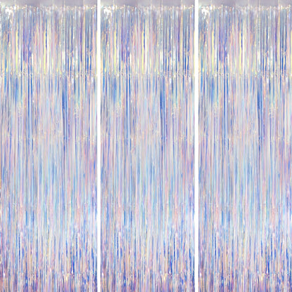 Iridescent Party Backdrop 3Packs Transparent Tinsel Foil Fringe Curtain for Frozen Mermaid Sea Birthday Party Decorations, 3.3x8.2ft Streamers Backdrops