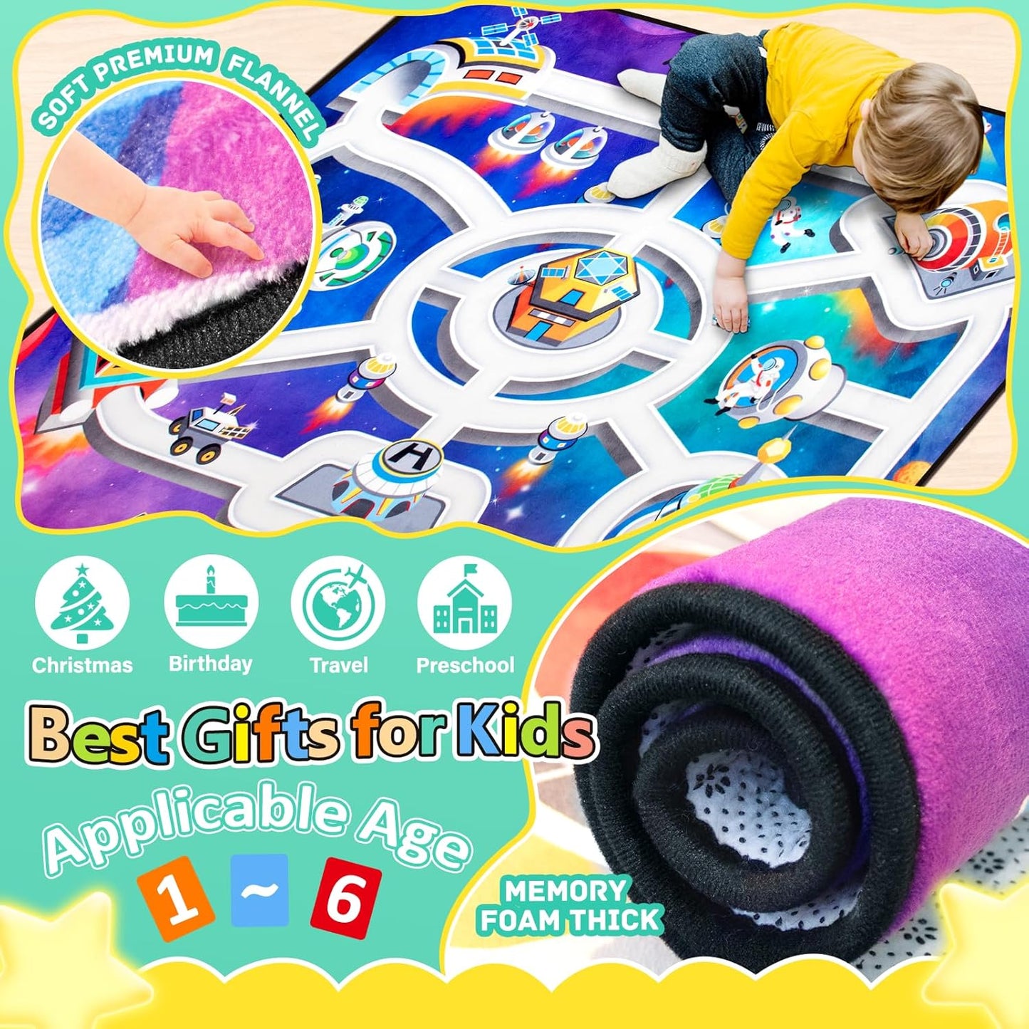 Kids Rug, Space Themed Baby Play Mat, 4x6 Ft Playroom Rug, Colorful Cartoon Outer Space, Planet, Rocket, Spaceship Road Carpet for Playroom, Educational Learning Carpet for Kids Mat