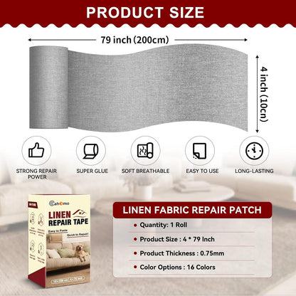 Linen Repair Tape 4x79 inch, Self Adhesive Fabric Patches, Linen Patch Tape Kit, Fabric Repair Tape for Couch Sofas, Headboards, Chairs, Pillows, Curtains, Couches - Medium Grey