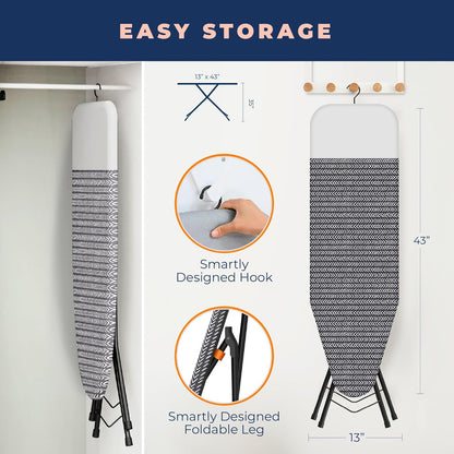 Happhom Ironing Board, Compact and Space Saver Iron Board, Safety Ironing with Park Zone and 4 Layers Extra Thick Cover, Patented Lock System for Foldable Leg, Easy Storage with Smart Hanger (13x43)