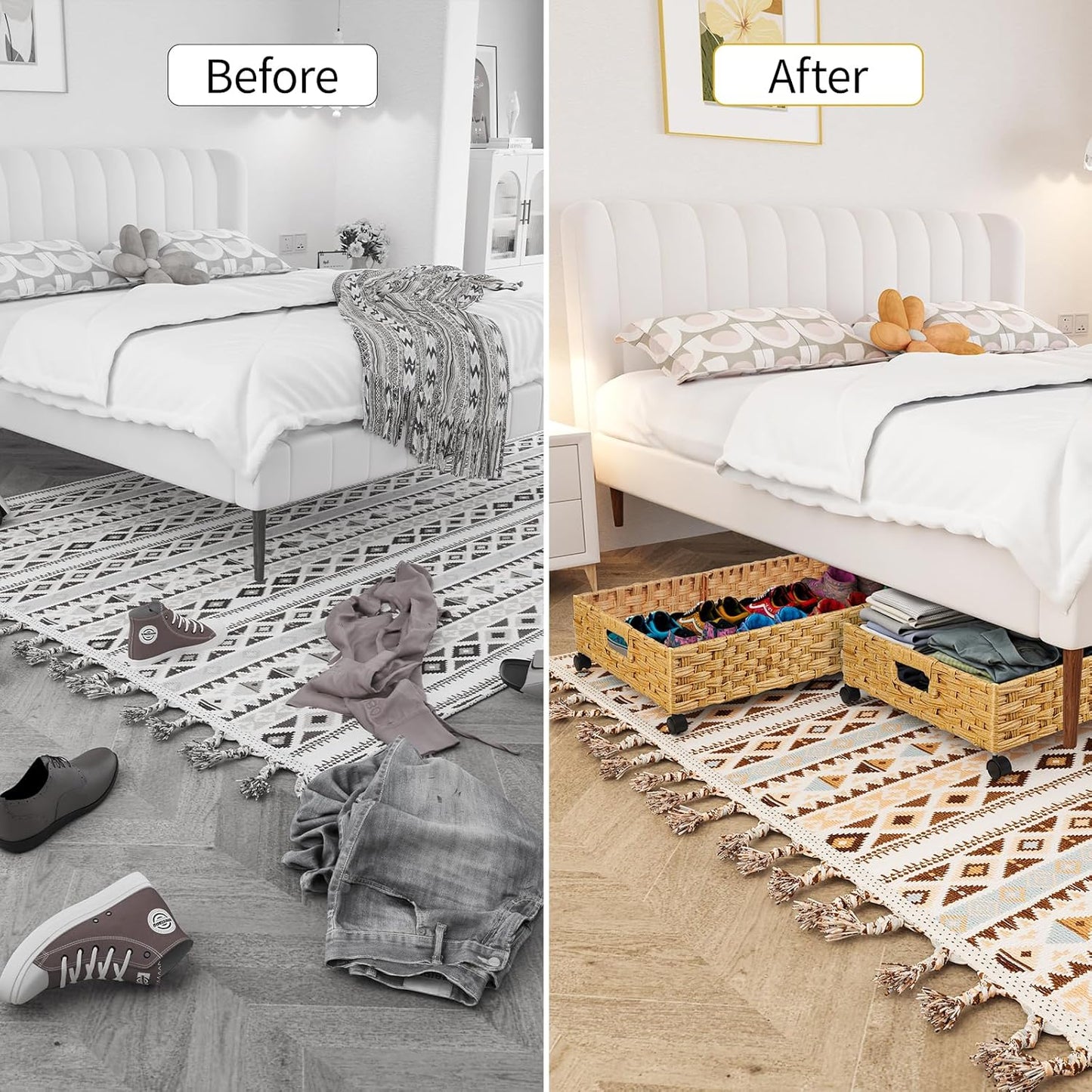 Under Bed Storage Containers with Wheels, 31.5in / 35L Handmade Rattan Underbed Organizer Drawer, Tool-free Assembly Rolling Under Bed Storage Bins for Shoes Clothes Toy Book