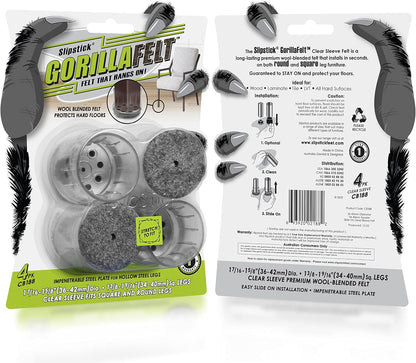 Slipstick GorillaFelt Chair Leg Floor Protectors for Hardwood Floors, Clear Sleeve Felt Pads for Furniture That Stay On, Fits Round & Square Legs, Includes 4 Premium Transparent Chair Socks, CB188