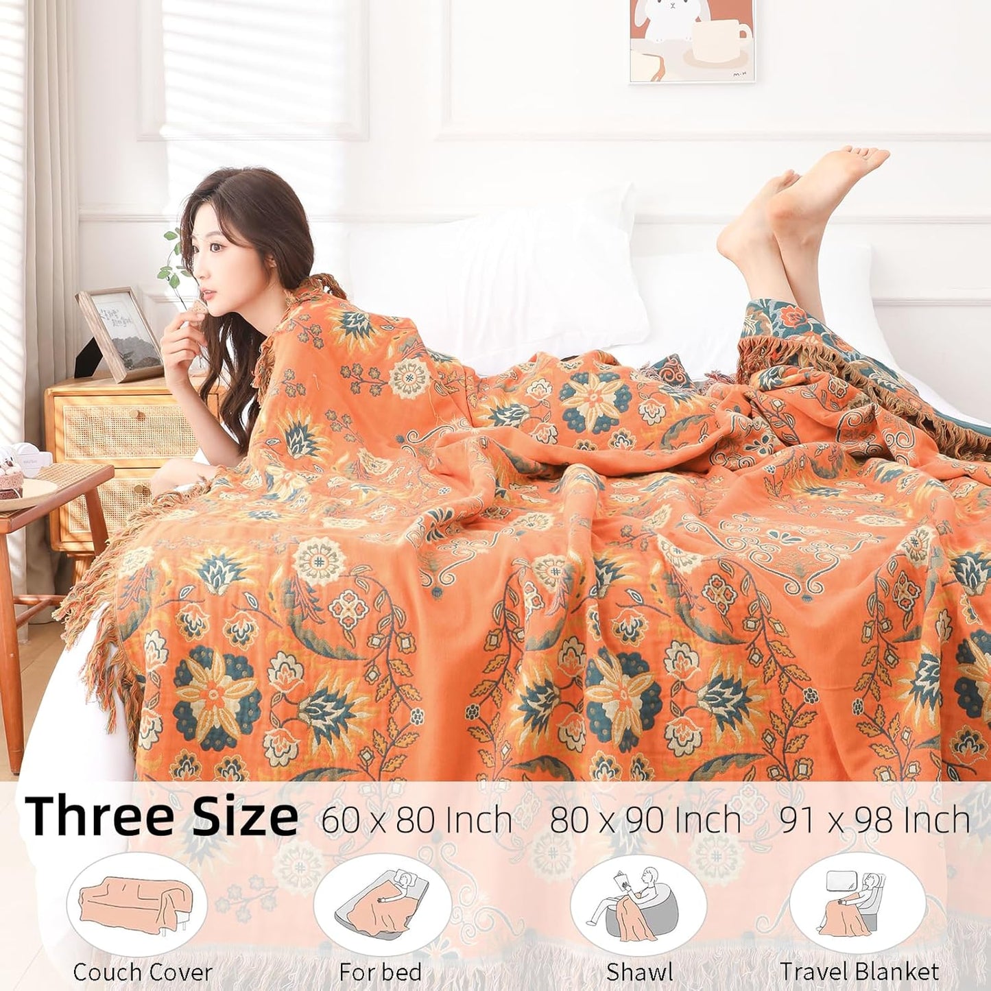 Boho Throw Blanket for Bed - 100% Pure Cotton Ultra Soft Rustic Quilt - Farmhouse Decor Bed Blankets, All Season Rustic Throw for Sofa Couch Chair(60"×80", Boho)