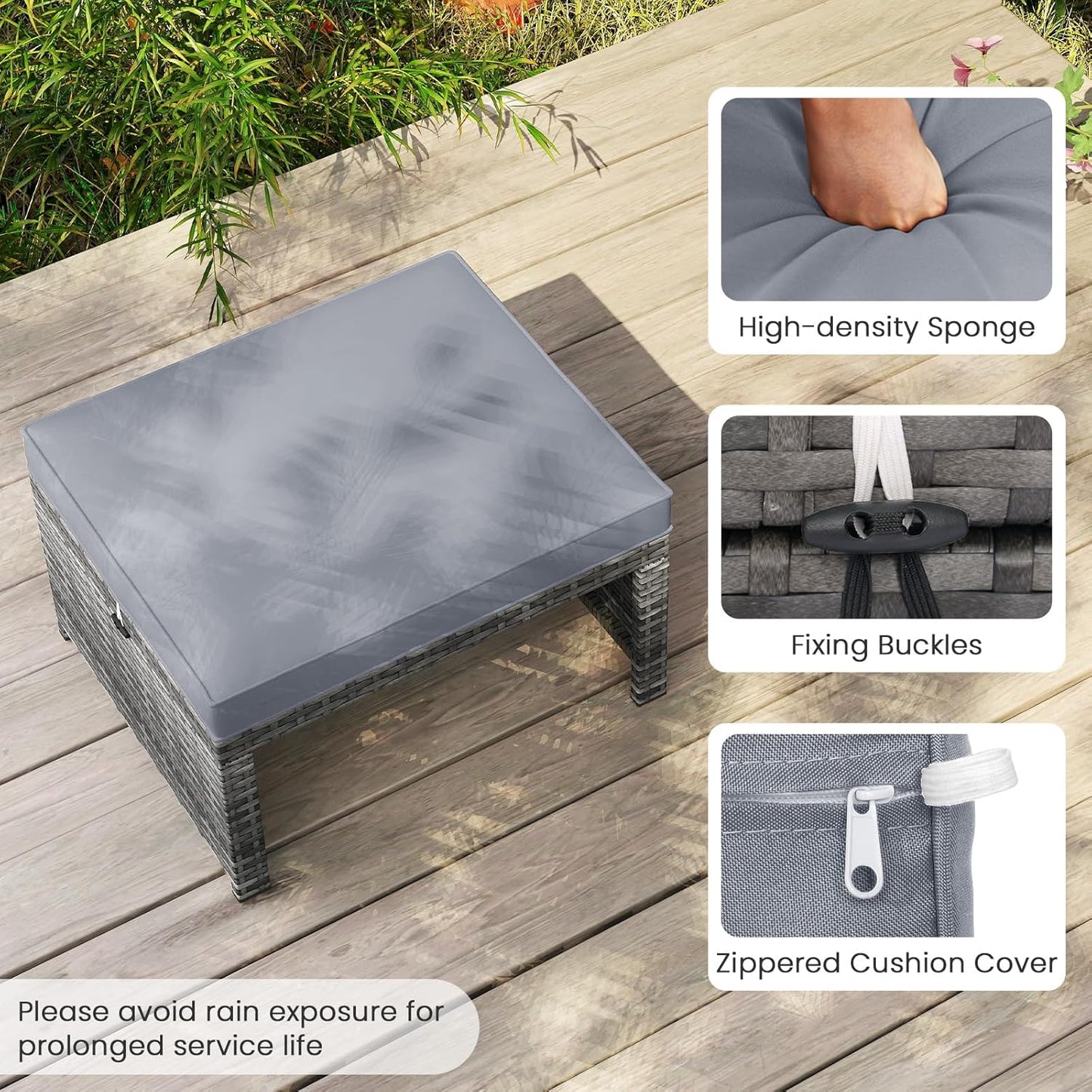 Tangkula 2 Pieces Patio PE Rattan Ottomans, Multipurpose Outdoor Footstool Footrest Additional Seating Side Table with Soft Zippered Cushions for Deck, Garden, and Yard (Gray)