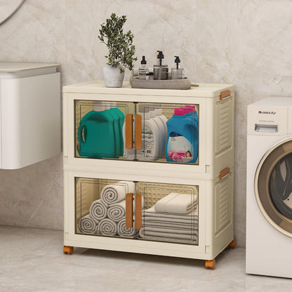 Plastic Stackable Storage Bins with Lids and Wheels, Foldable Closet Organizers and Storage Containers for Bathroom, Collapsible Clear Drawer Storage Cabinet with Doors White 22.4Gal 2Tiers