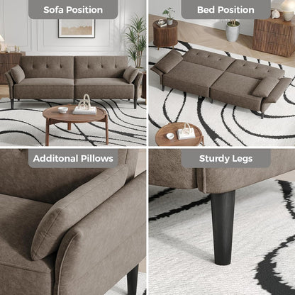 89” Futon Sofa Bed, Comfy Futon Couch Bed with 2 Square Pillows, Convertible Sleeper Sofa with Adjustable Backrest& Armrests, Modern Loveseat Sleeper for Living Room, Bedroom, Light Brown