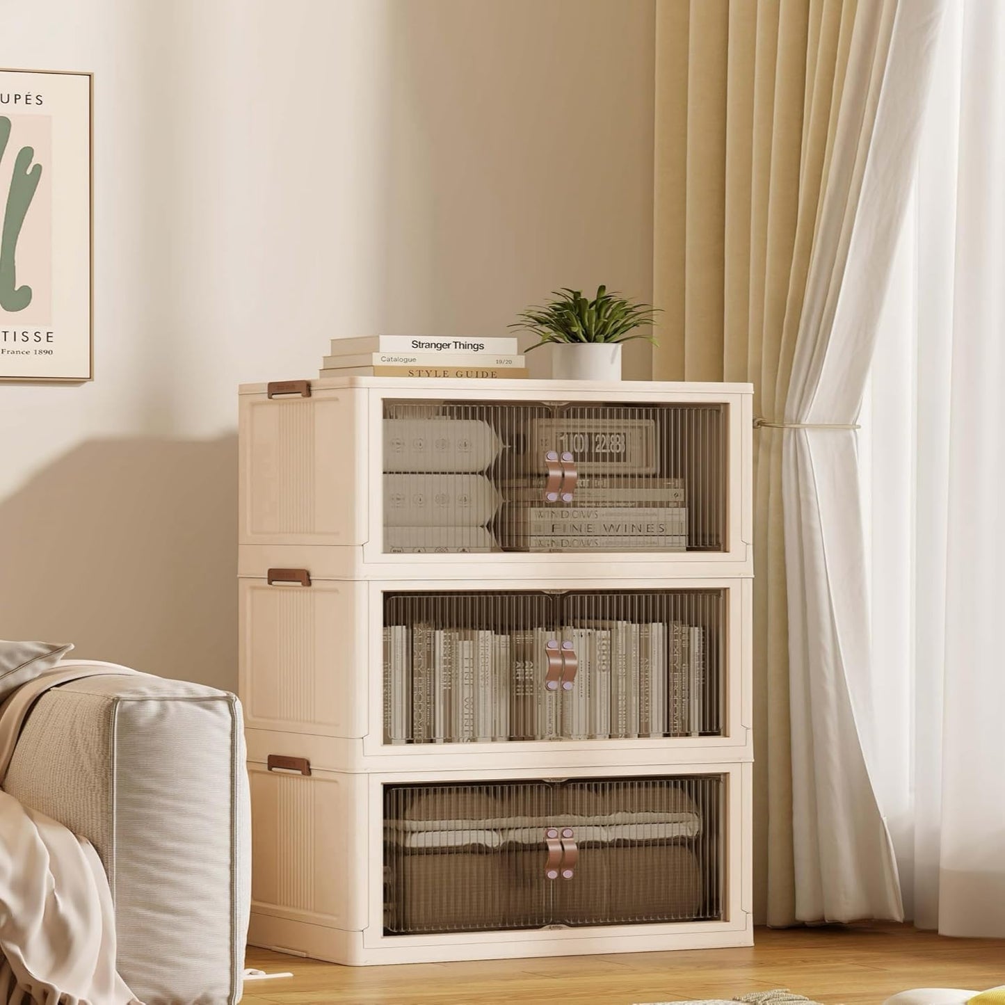 SAILUN 83Gal/335Qt Stackable Storage Bins Folding Collapsible Storage Bins with Lid, Closet Organizers and Box with Door Beige 26" W x 17" D x 43.7" H