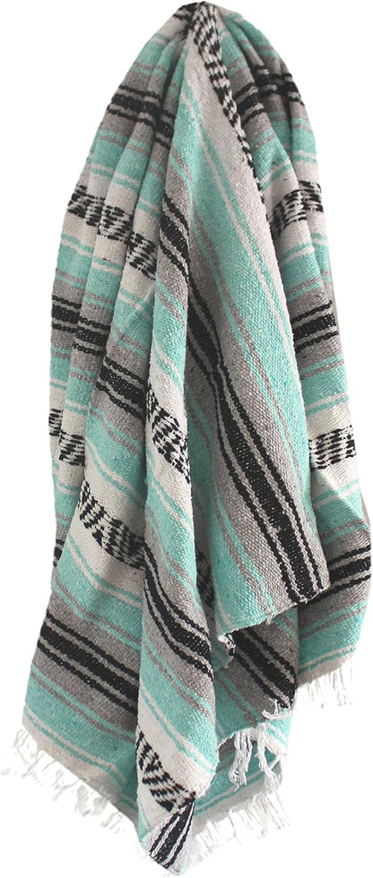 Del Mex Classic Mexican Blanket, Large Authentic Woven Falsa Throw (70"x50"), Artisan Southwest Décor for Beach, Yoga, Outdoors (Mint/Gray)