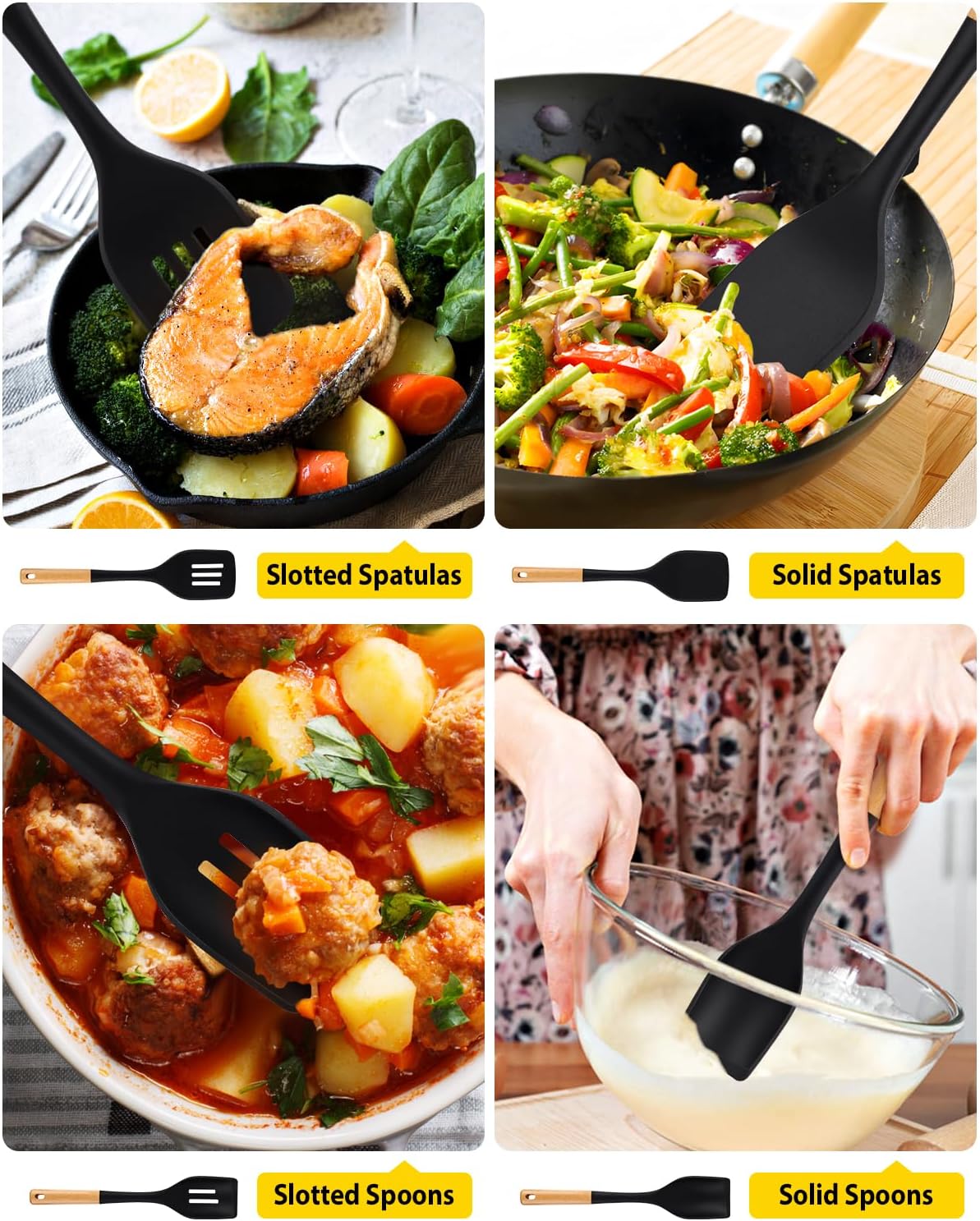 Pack of 4 Silicone Kitchen Utensils Set, Non Stick Solid Spatulas and Heat Resistant Slotted Spoons with Wooden Handle, Ideal BPA Free Cooking Utensils for Mixing,Serving,Turning,Stirring(BLACK)